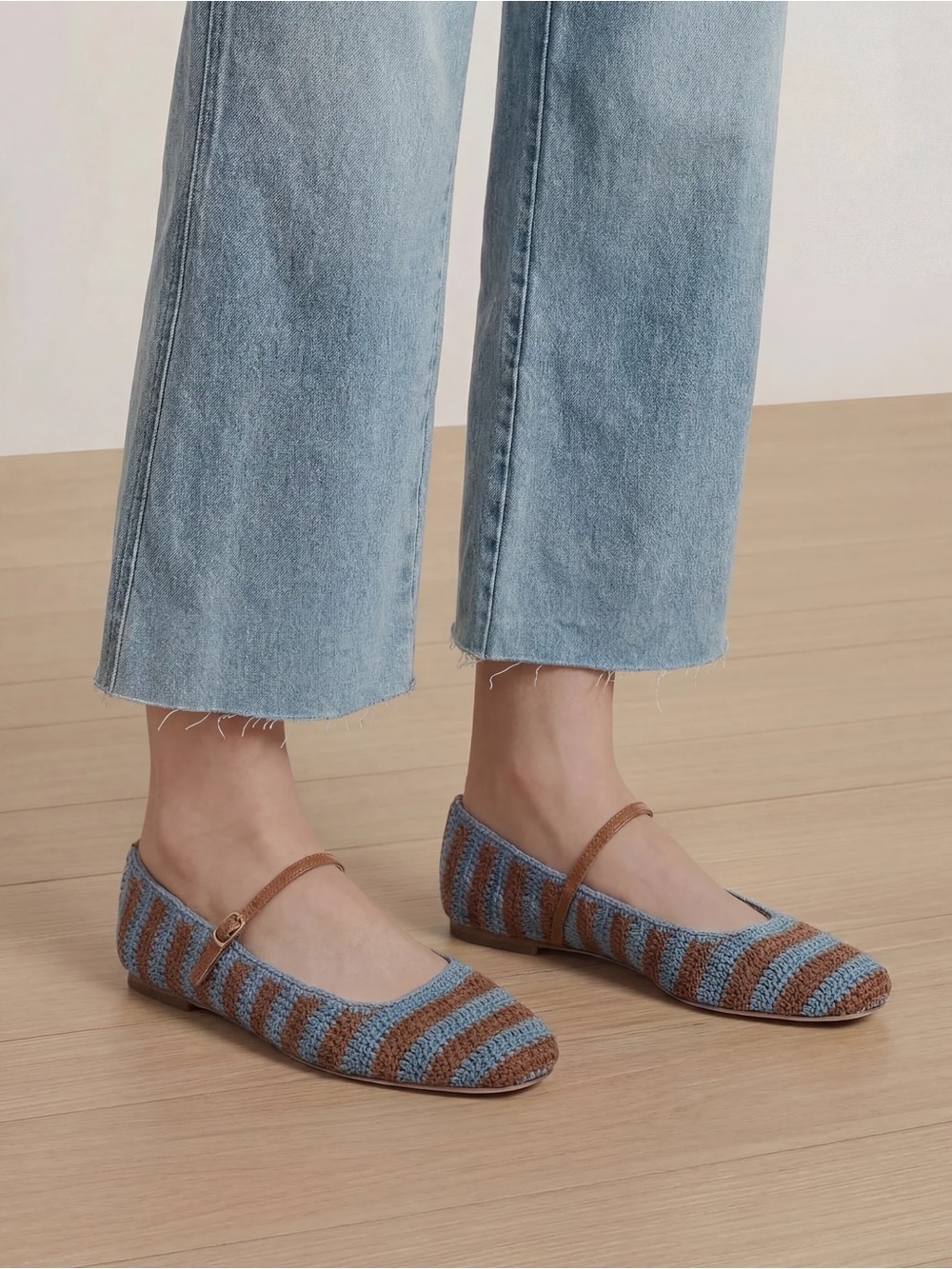 Veronica Beard Ellie Blue and Brown Striped Crochet Mary Jane Flats - Picture 3 of 6